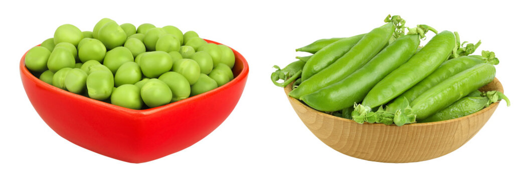 Fresh green peas in ceramic and wooden bowl isolated on white background