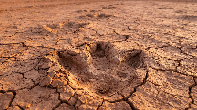 Dinosaur footprint deeply impressed in dry cracked mud, symbolizing drought and ancient life history