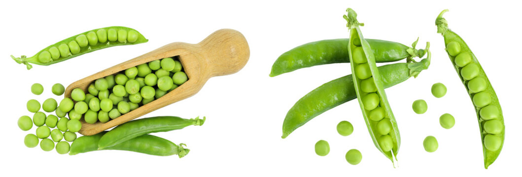 Fresh green peas in wooden scoop isolated on white background. Top view. Flat lay