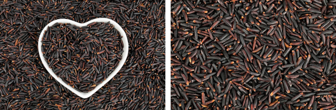 Black rice in a ceramic bowl as a background. Top view. Flat lay