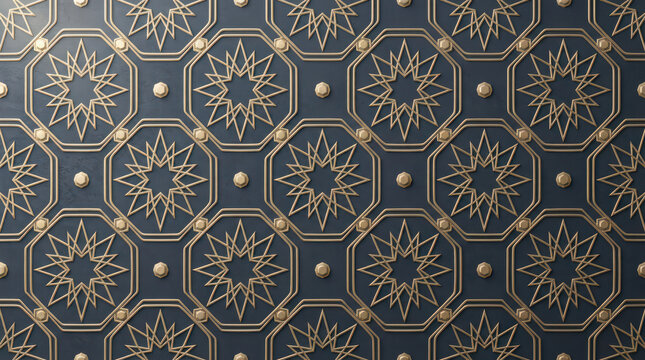 Geometric islamic pattern with golden metallic octagonal stars on a dark blue generated using ai