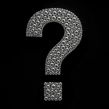 Question mark formed by many diamonds on black background. Symbol represents inquiry doubt or unsolved problem. Shiny gems suggest valuable questions or important queries.