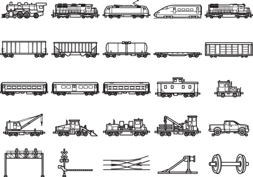 A comprehensive collection of diverse train and rail-related icons, meticulously illustrated in a clean, vector art style. From locomotives to wagons and signaling equipment.