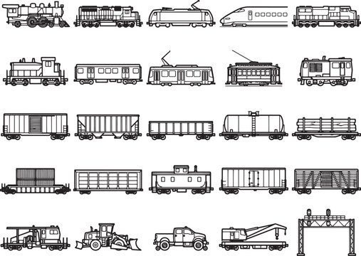 A collection of vintage and modern train illustrations, showcasing various locomotive types, passenger cars, and freight wagons in a detailed, monochromatic style.