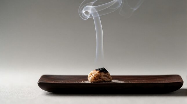 Frankincense resin piece smolders on dark wood dish. Single smoke wisp rises from burning natural incense on clean background. Aromatherapy for peace and mindfulness.