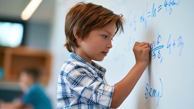 Young boy writing on whiteboard in classroom setting