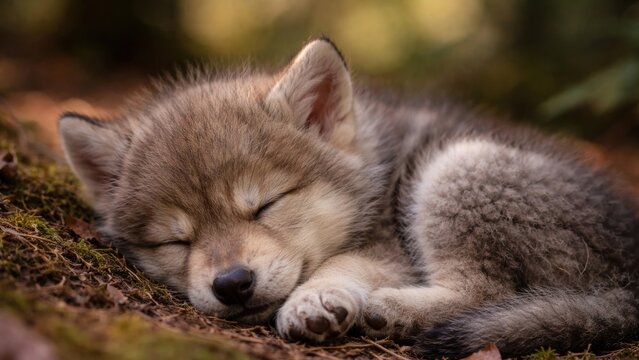 Sleeping wolf pup in forest