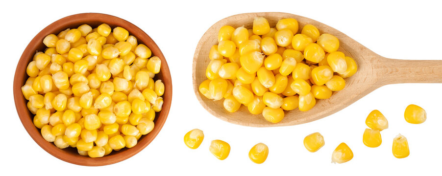 corn seeds in ceramic bowl and wooden spoon isolated on white background. Top view. Flat lay