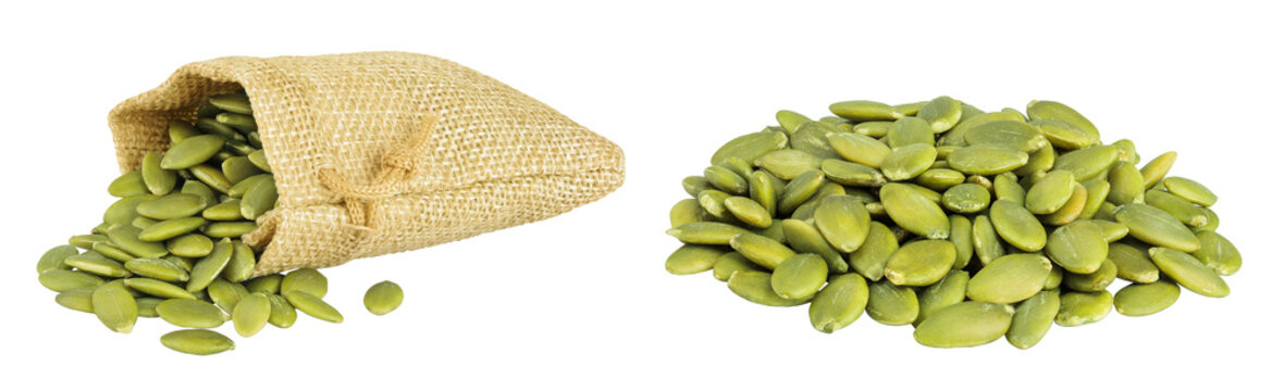 Peeled pumpkin seeds in a bag isolated on white background