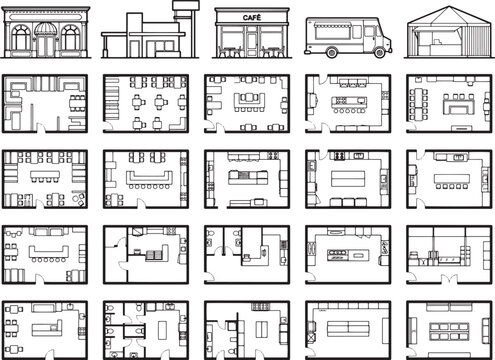 A collection of simple line drawings illustrating various building exteriors and interior floor plans.