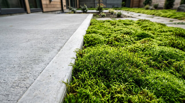 Lush green moss thrives beside polished concrete patio edging in a landscaped garden.