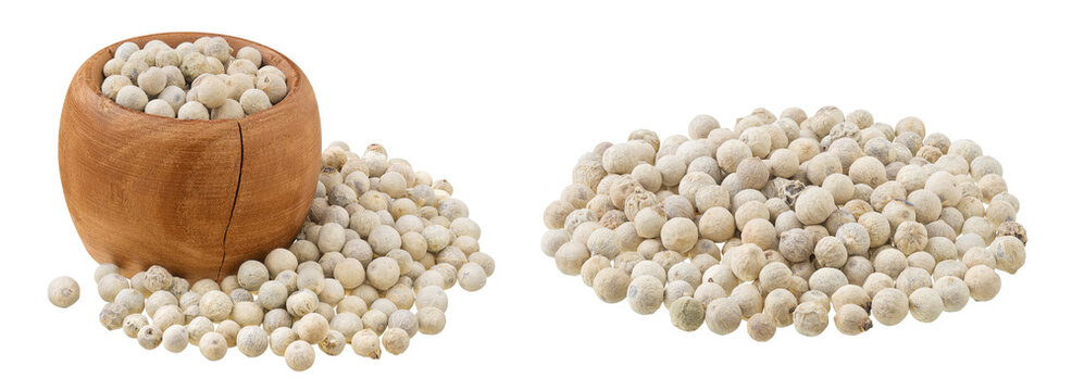 White peppercorns or pepper in wooden bowl isolated on white background