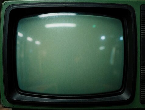 Vintage green CRT monitor with black frame. Old retro computer screen shows scan lines, reflections. Obsolete electronic tech device used for terminal display classic gaming setup. Antique hardware