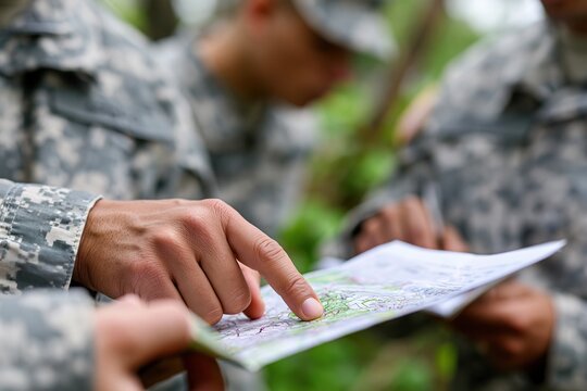 Soldiers studying a map in a natural setting