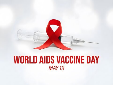 World aids vaccine day awareness ribbon with blurred cityscape in the background