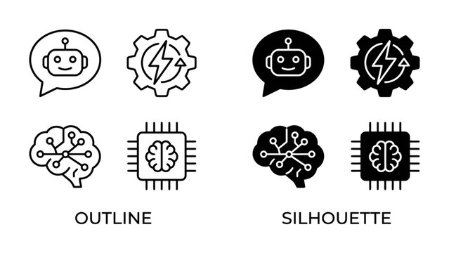 AI Icons: A set of four icons representing artificial intelligence, including a robot head in a speech bubble, a gear with a lightning bolt, a stylized brain, and a processor chip.