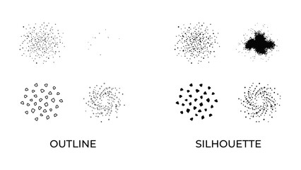 Fototapeta premium Abstract Splatter and Swirl Designs: A collection of graphic elements showcasing abstract splatter and swirling patterns, presented in both outline and silhouette formats.