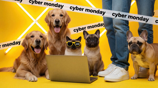 Pets gather around laptop for Cyber Monday sale. Funny cat wears sunglasses showing sale sign. Dogs watch computer near person feet on bright yellow background with event tape.