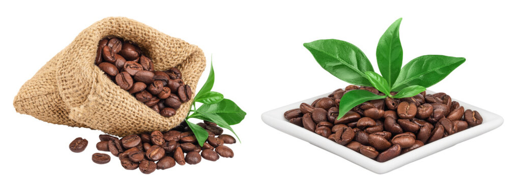 Coffee beans in burlap bag and ceramic bowl with leaf isolated on white background