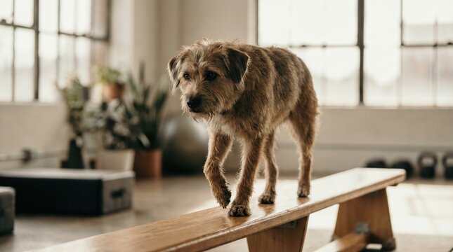 A dog walks carefully on a wooden beam placed inside a gym with large windows and fitness equipment around