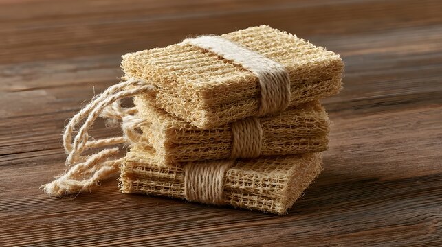 Stack of natural fiber loofahs tied with twine on a wooden surface  showing textured surface and rustic aesthetic