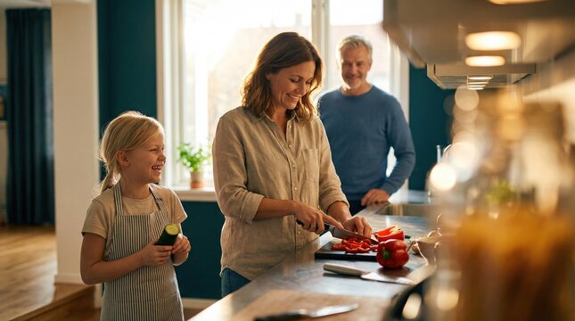 A woman and her daughter prepare food in the kitchen. The mother cuts vegetables while the father watches and smiles