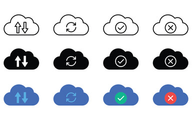 Obraz premium Cloud Sync Transfer Data Check Cross Status Network Storage Icon Set Outline Glyph Flat Color Vector