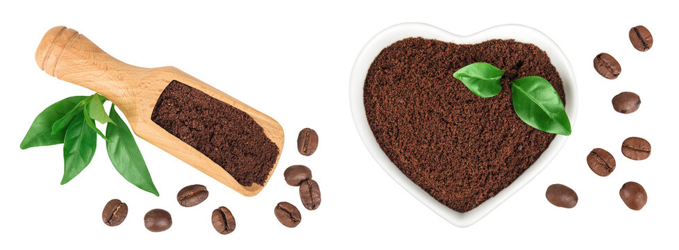 ground coffee in wooden scoop and bowl and coffee beans isolated on white background. Top view. Flat lay