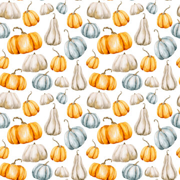Trendy and decorative fall pumpkin pattern with golden foliage accents, perfect for wrapping paper and home textiles.