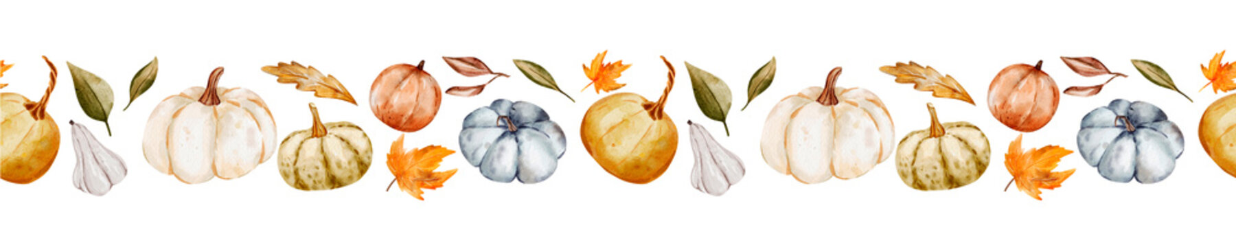 Autumn pumpkin border with golden foliage and maple leaves, perfect for Thanksgiving and Halloween banner designs.