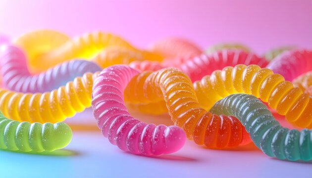 Colorful gummy worms arranging on bright background
