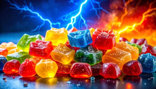 Gummy candies with electric lightning and fire energy