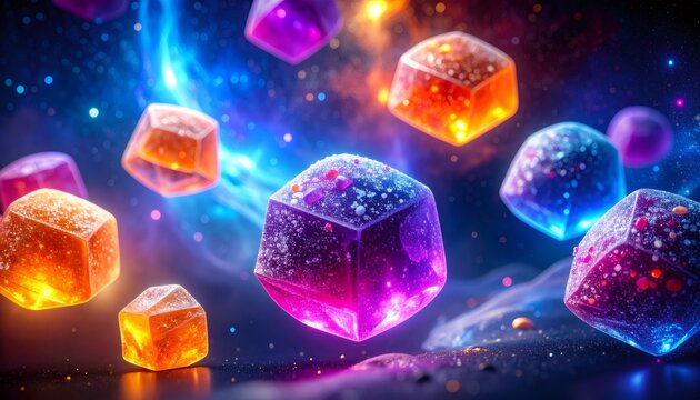 Colorful gummy candies floating in cosmic galaxy space