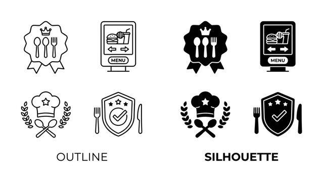Culinary Emblems: A collection of graphic icons featuring chef hats, cutlery, and shields, representing excellence in food service and dining experiences.