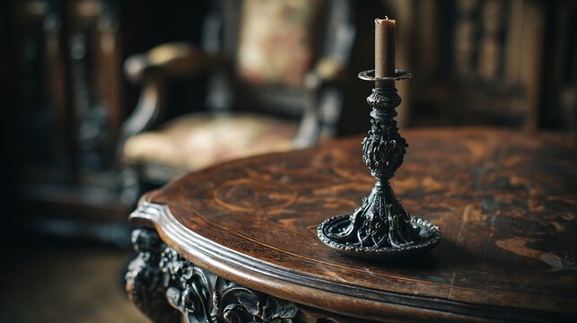 Old Antique Table Lamp on Vintage Wooden Table with Glass and Metal Details, Traditional Retro Interior Decoration and Warm Candlelight Ambiance