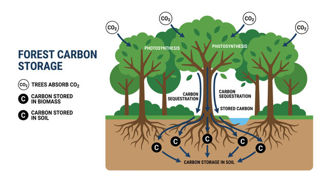 Forest Carbon Storage Diagram: Trees Absorb CO2, Sequestration