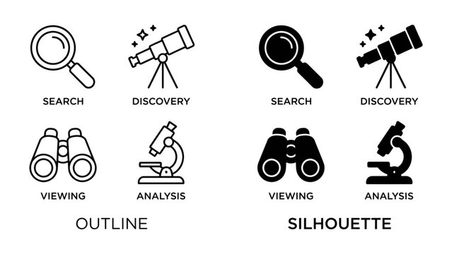 Scientific Discovery Icons: A collection of scientific instruments, including a magnifying glass, telescope, binoculars, and microscope, are presented in both outline and silhouette styles.
