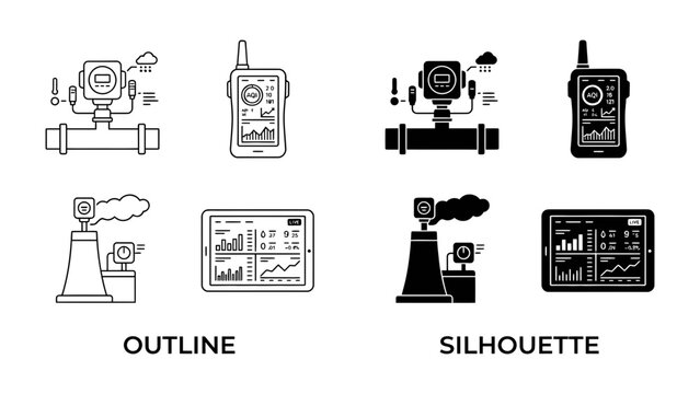 Industrial Icons: A set of stylized icons representing industrial processes, featuring flow meters, factory chimneys with smoke, and data display tablets.