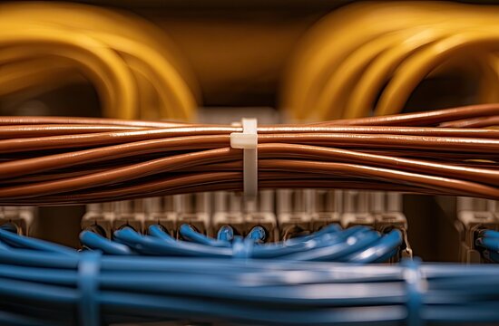 Close-up of organized network cables with zip ties.