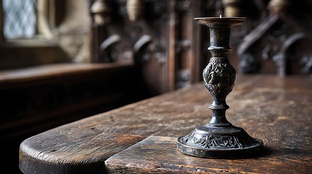 Old Antique Table Lamp on Vintage Wooden Table with Glass and Metal Details, Traditional Retro Interior Decoration and Warm Candlelight Ambiance