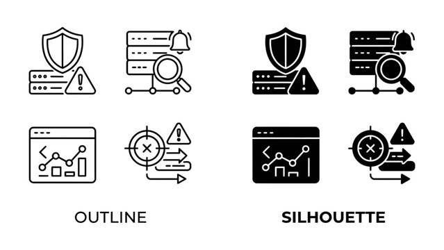 Cyber Security Icons: A collection of outline and silhouette icons representing various aspects of cyber security, including protection, analysis, and alerts.