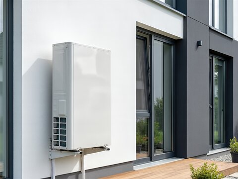Modern air source heat pump integrated into row house facade design