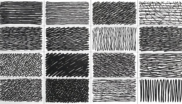 Grid of sixteen rectangular boxes each filled with unique black ink line patterns, varying directions density and styles including horizontal vertical diagonal and crosshatched scribbles