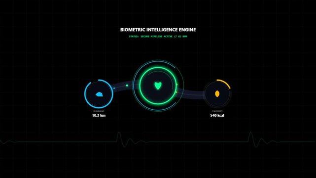 Biometric intelligence engine interface showing digital fitness motion tracking animation clip