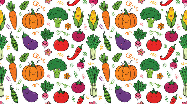 Seamless Organic Farm Vegetable Doodle Pattern