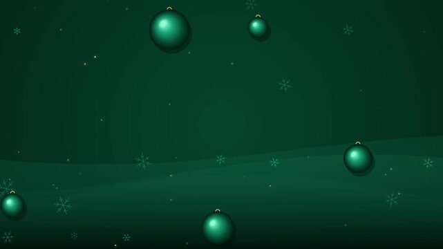 Green Christmas background loop with hanging holiday ornaments and gently falling snowflakes