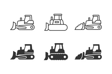 Naklejka premium Icon set of bulldozers and construction vehicles in outline and solid styles.