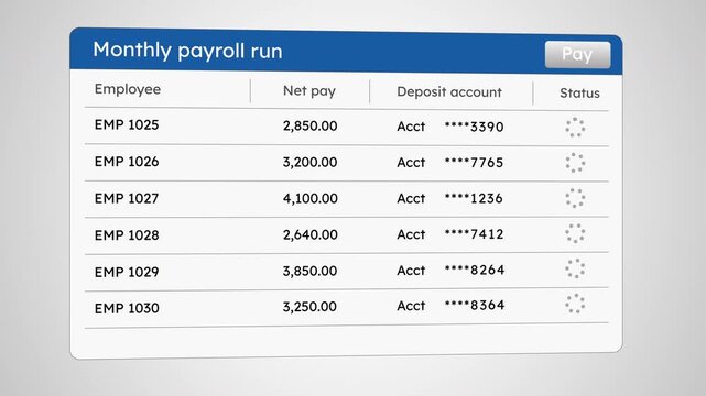 Monthly payroll run paying employee net pay into direct deposit accounts as each status turns to paid, HR software