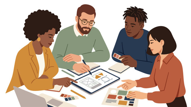 Diverse team collaborating on creative design project.