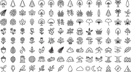 Obraz premium Set of nature and forest icons featuring trees plants flowers and outdoor elements in line art style